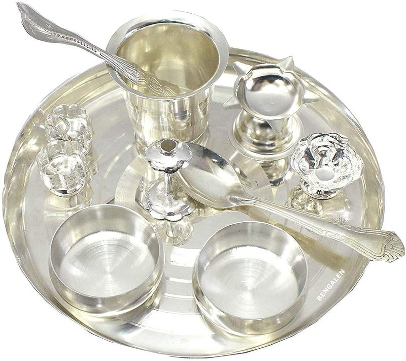 BENGALEN Silver Plated Pooja Thali Set 8 Inch Festival Ethnic Puja Thali Gift for Diwali Home Temple Office Wedding Return Gift Items - Image 4